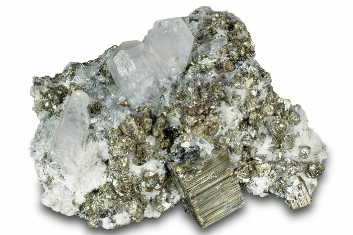 Columnar Calcite and Quartz Crystals on Pyrite - Fluorescent! #319341